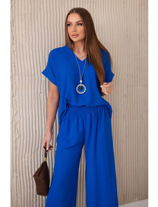 K-Fashion Komplet s náhrdelníkem halenka + kalhoty chrpově modrá
