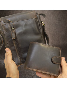 Tvujoriginal Pánský luxusní kožený set hnědá kožená peněženka a crossbody taška z pravé kůže PREMIUM Leather s monogramem (ražba)
