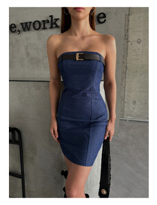 Laluvia Navy Blue Strapless Belt Detailed Mini Dress