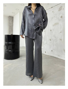 BİKELİFE Women's Gray Satin Shirt Pants Suit