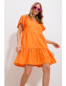 Trend Alaçatı Stili Women's Orange V-Neck Tiered Flounce Woven Dress