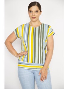 Şans Women's Colorful Plus Size Cotton Fabric Low Sleeve Striped Blouse