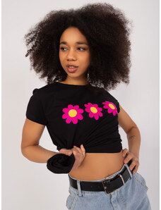 Fashionhunters Černé tričko s květinovou výšivkou BASIC FEEL GOOD