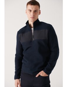 Avva Men's Navy Blue Zippered Stand Collar Parachute Fabric Detailed Standard Fit Regular Cut Fleece Sweatshirt