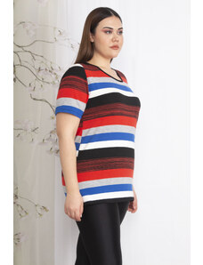 Şans Women's Plus Size Colorful Short Sleeve Knitwear Woven Striped Blouse