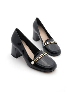 Marjin Women's Chunky Heel Chain Flat Toe Classic Heel Shoes Makros Black Patent Leather