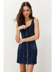 Trendyol Blue Stitch Detail Fitted Mini Denim Dress