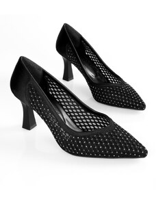 Shoeberry Women's Ardy Black Satin Stone Detailed Heel Stiletto