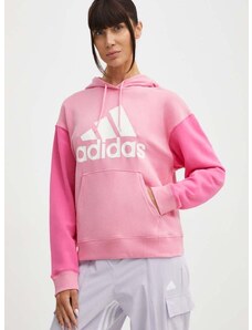 Bavlněná mikina adidas dámská, růžová barva, s kapucí, s potiskem, IR5450