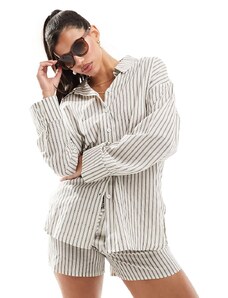 Kaiia cotton linen look shirt co-ord in cream stripe-Multi