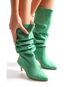 Shoeberry Women's Pia Green Suede Gathered Heel Boots Green Suede