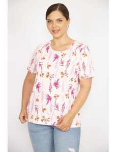 Şans Women's Pink Large Size Cotton Fabric Crew Neck Short Sleeve Patterned Blouse