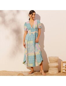 Blancheporte Dlouhé šaty s potiskem, recyklovaný polyester lila/bl. modrá 38