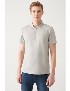 Avva Men's Gray 100% Cotton Zippered Regular Fit Polo Neck T-shirt