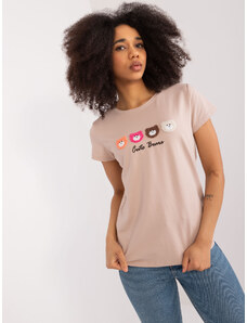 Fashionhunters Béžové tričko s nášivkami BASIC FEEL GOOD