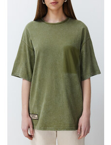 Trendyol Khaki Label Detailed Antique/Pale Effect Oversize/Wide Cut Cotton Knitted T-Shirt