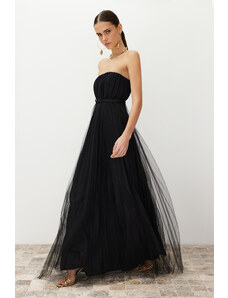 Trendyol Black Tulle Knitted Long Elegant Evening Dress