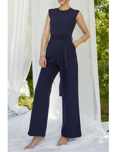 Laluvia Navy Square Neck Belted Jumpsuit
