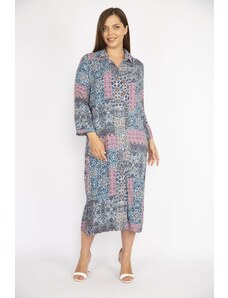 Şans Women's Blue Large Size Woven Viscose Fabric Front Button Long Dress