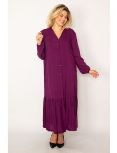Şans Women's Plum Weave Viscose Fabric Front Length Buttoned Hem Long Sleeve Dress
