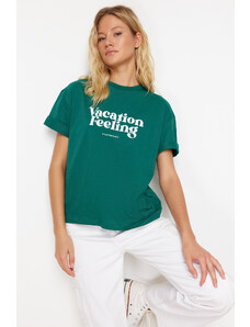 Trendyol Emerald Green Printed Premium 100% Cotton Relaxed/Comfortable Fit Knitted T-Shirt