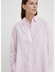 Lněná košile Samsoe Samsoe SALOVA růžová barva, relaxed, s klasickým límcem, F24100188