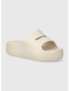 Pantofle Tommy Jeans TJW CHUNKY FLATFORM SLIDE dámské, béžová barva, na platformě, EN0EN02454