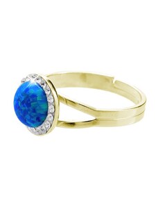 SkloBižuterie-J Stříbrný prsten s opálem a křišťálky Swarovski Opal Round blue gold I