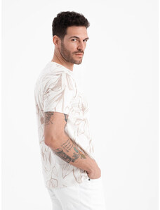 Ombre Clothing Pánské tričko s celoplošným potiskem kontrastních listů - světle béžové V1 OM-TSFP-0180