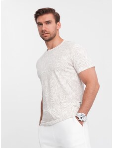 Ombre Clothing Pánské tričko s potiskem palmových listů - světle béžové V1 OM-TSFP-0182