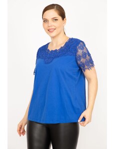 Şans Women's Saxe Plus Size Cotton Fabric Lace Detail Blouse