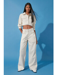 Trendyol Ecru High Waist Wide Leg Jeans with Cargo Pocket