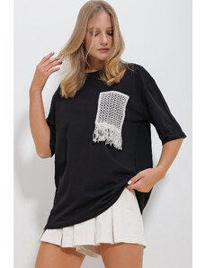 Trend Alaçatı Stili Women's Black Crew Neck Knitted Two Thread T-Shirt