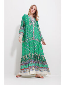 Trend Alaçatı Stili Women's Green Large Collar Shawl Patterned Maxi Length Dress