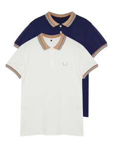 Trendyol Navy-White Men's 2-Pack Slim/Slim Fit Deer Embroidered 100% Cotton Polo Neck T-Shirt