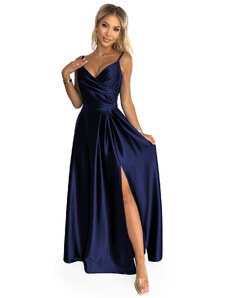Elegantní saténové maxi šaty na ramínka Numoco CHIARA - tmavě modré
