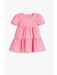 Koton Baby Girl Embroidered Balloon Sleeves Square Collar Scalloped Dress 3smg80029aw
