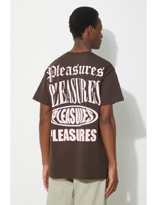 Bavlněné tričko PLEASURES Stack hnědá barva, s potiskem, P24SP050.BROWN