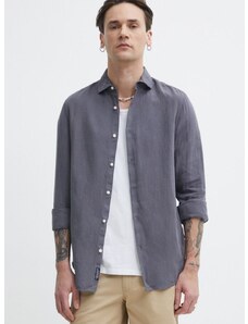 Lněná košile Superdry šedá barva, regular, s klasickým límcem