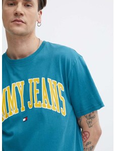 Bavlněné tričko Tommy Jeans tyrkysová barva, s potiskem, DM0DM18558