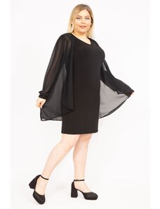 Şans Women's Black Plus Size Chiffon Cape Cuff Stone Detailed Dress