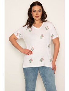 Şans Women's Plus Size White V-Neck Embroidery Detailed Blouse