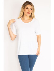 Şans Women's Plus Size White Cotton Fabric Crew Neck Blouse