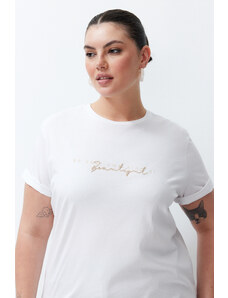 Trendyol Curve White Print and Embroidery Detail Boyfriend Knitted T-shirt