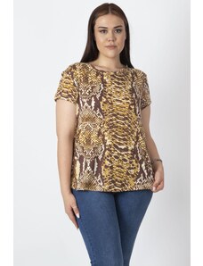 Şans Women's Plus Size Brown Crew Neck Basic Patterned T-Shirt