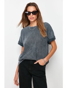 Trendyol Anthracite 100% Cotton Faded Effect Back Printed Oversize/Comfort Fit Knitted T-Shirt