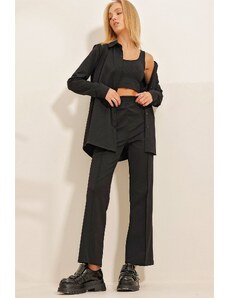 Trend Alaçatı Stili Women's Black Shirt, Crop Blouse And Grassy Trousers 3-Piece Suit