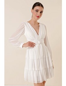 By Saygı Layered Chiffon Dress with Windows at the sides, ties at the back, Buckle Waist and Ecru.