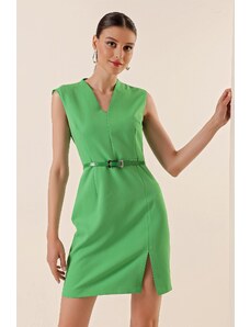 By Saygı V-Neck Waist With A Belt and A Slit Crepe Dress Green