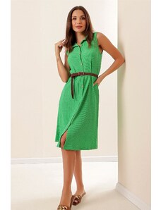 By Saygı Green Sleeveless See-through Dress With Buttons In The Front With A Belt
